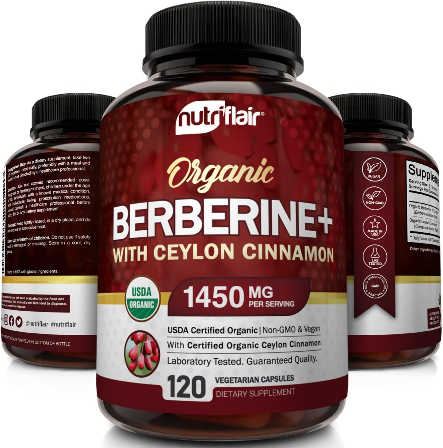 NutriFlair Organic Berberine with Ceylon Cinnamon 1450mg, 120 Capsules