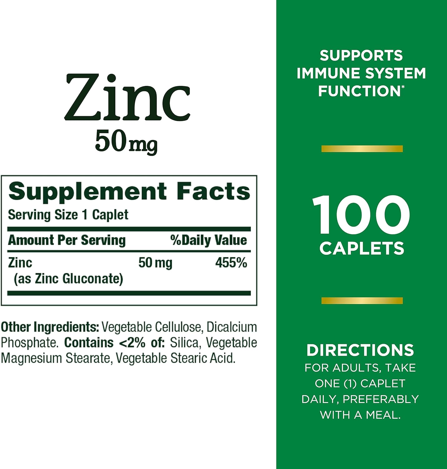 Nature's Bounty Zinc, Immune Support, 50 mg, Caplets, 100 Count