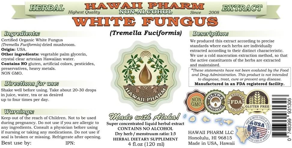 Hawaii Pharm White Fungus Alcohol-Free Liquid Extract, Dried Mushroom Glycerite Natural Herbal USA 2 fl.oz