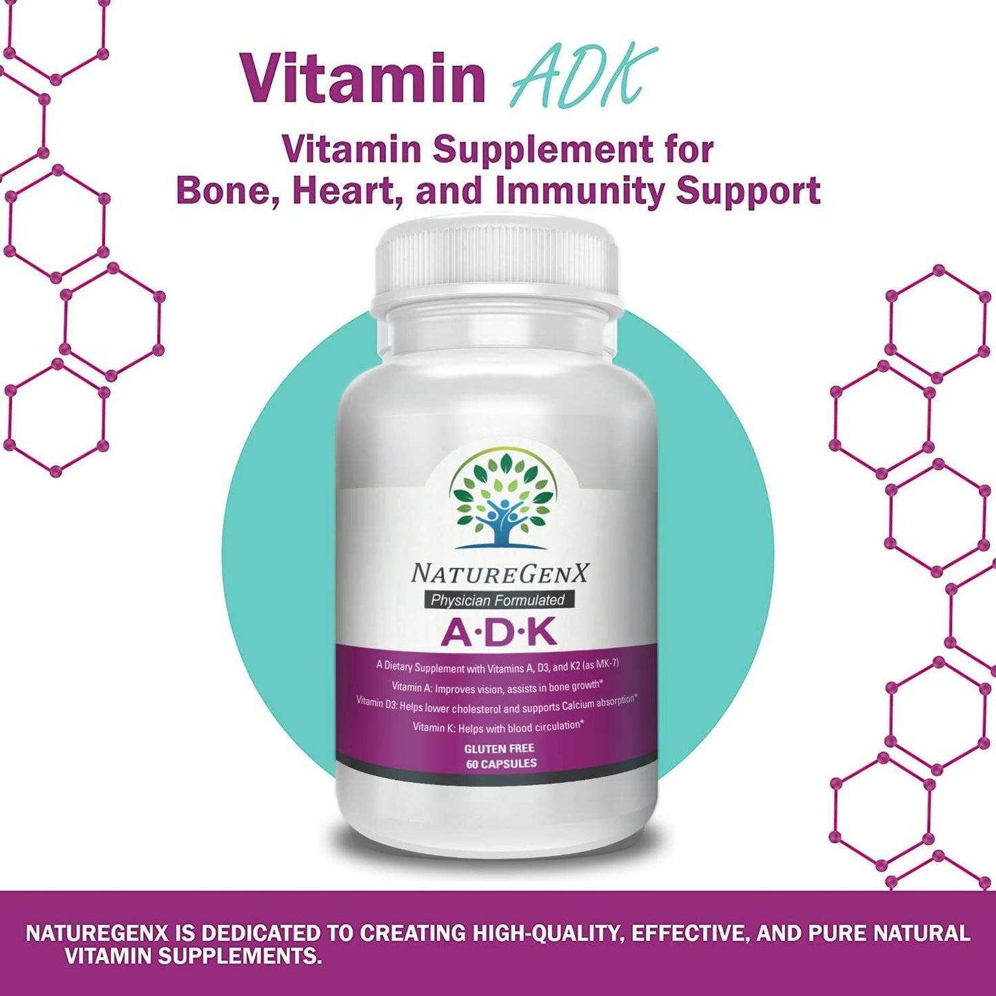 ADK Vitamin Supplement 5000 IU - High Potency Vitamins A, D3, and K2 - 60 Capsules