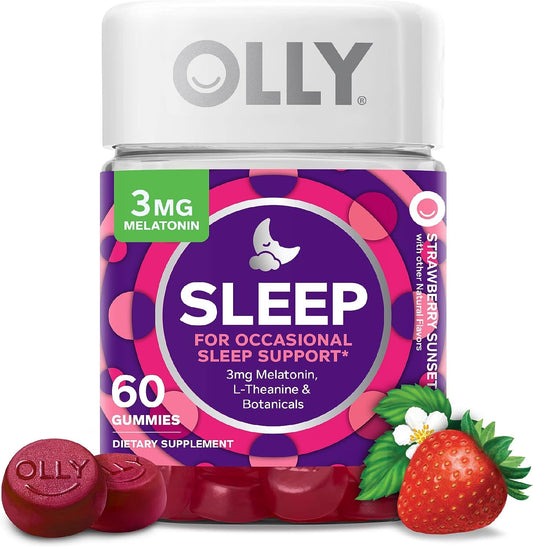 OLLY Sleep Gummy,  3 mg Lemon Balm, Sleep Aid, Strawberry, 60 Count (Pack of 1)