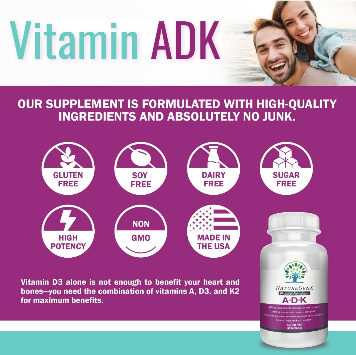 ADK Vitamin Supplement 5000 IU - High Potency Vitamins A, D3, and K2 - 60 Capsules