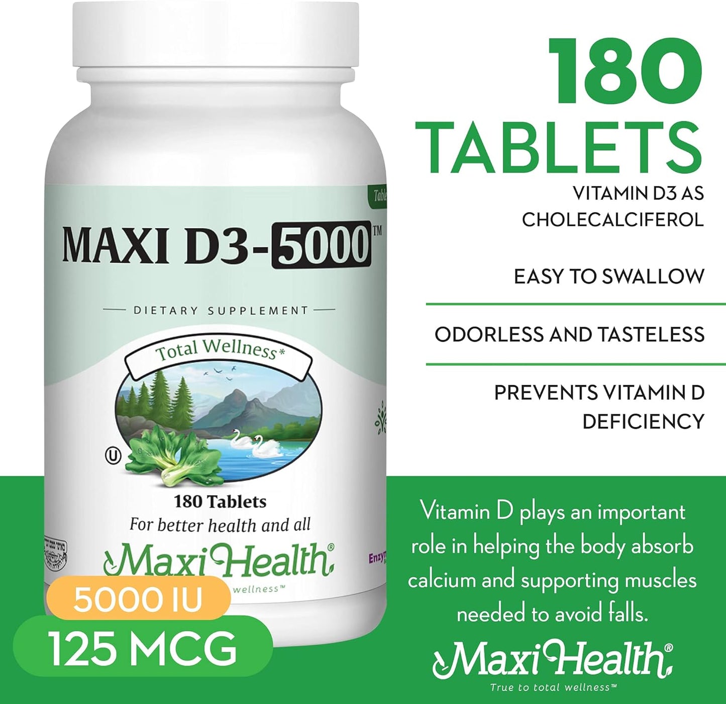 Maxi Health Vitamin D3 5000 IU 125 mcg  - 180 Tablets