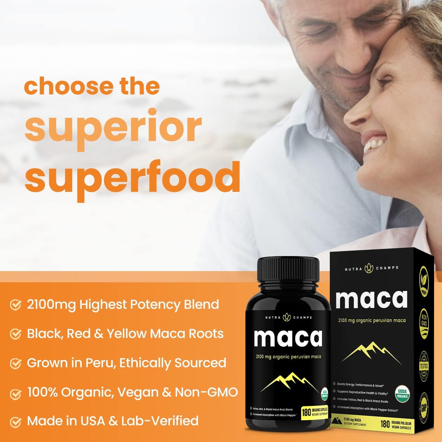 Organic Maca Root Capsules for Women & Men 180 count