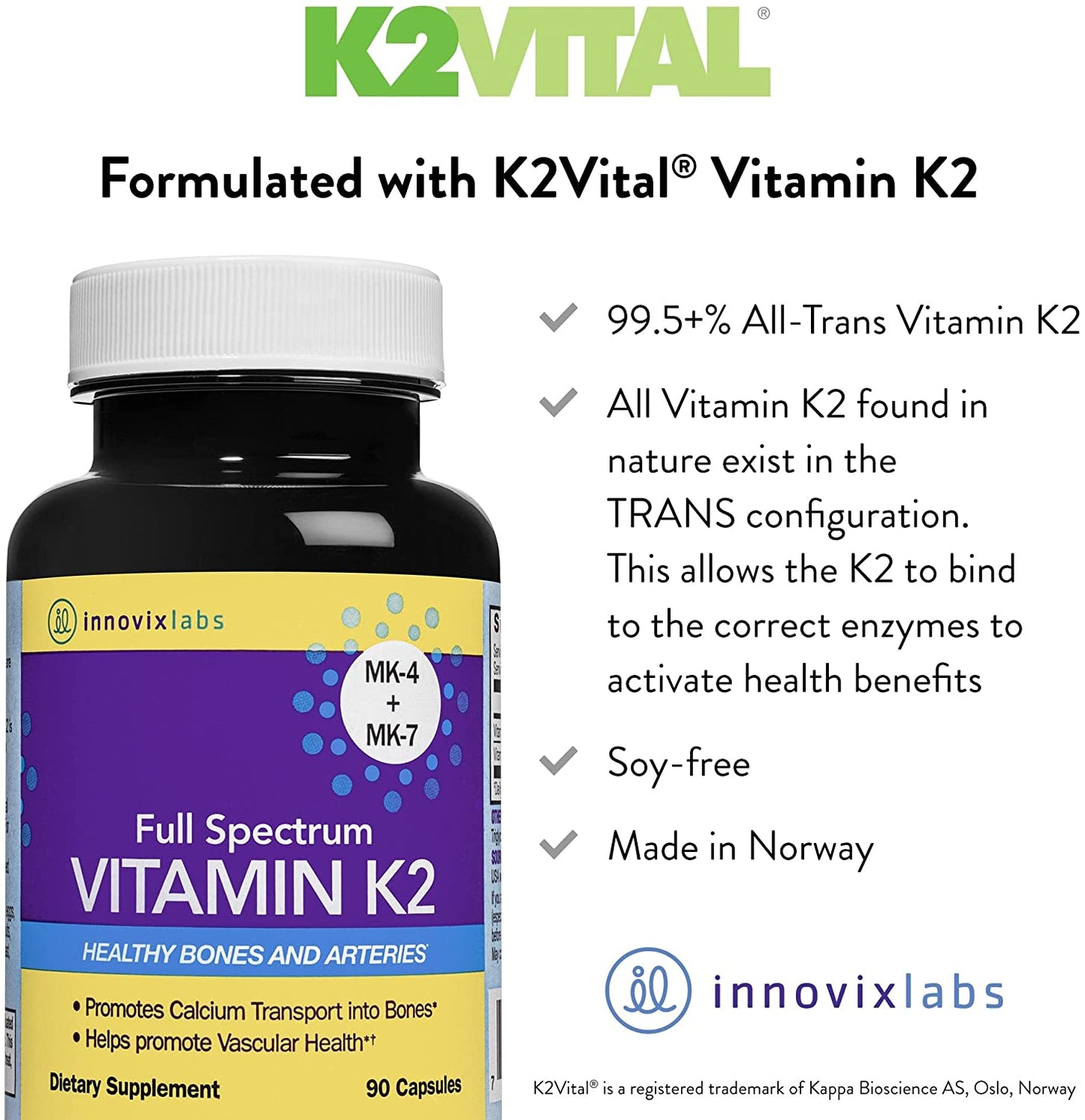 InnovixLabs Full Spectrum Vitamin K2 with MK-7 and MK-4, All-Trans Bioactive K2, 90 Capsules