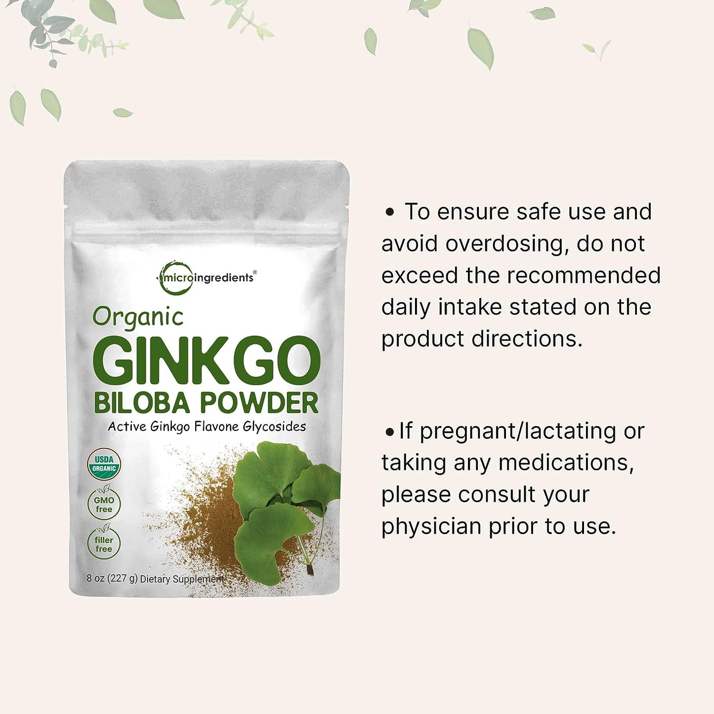 Micro Ingredients Raw Organic Ginkgo Biloba Powder, 8 Ounce