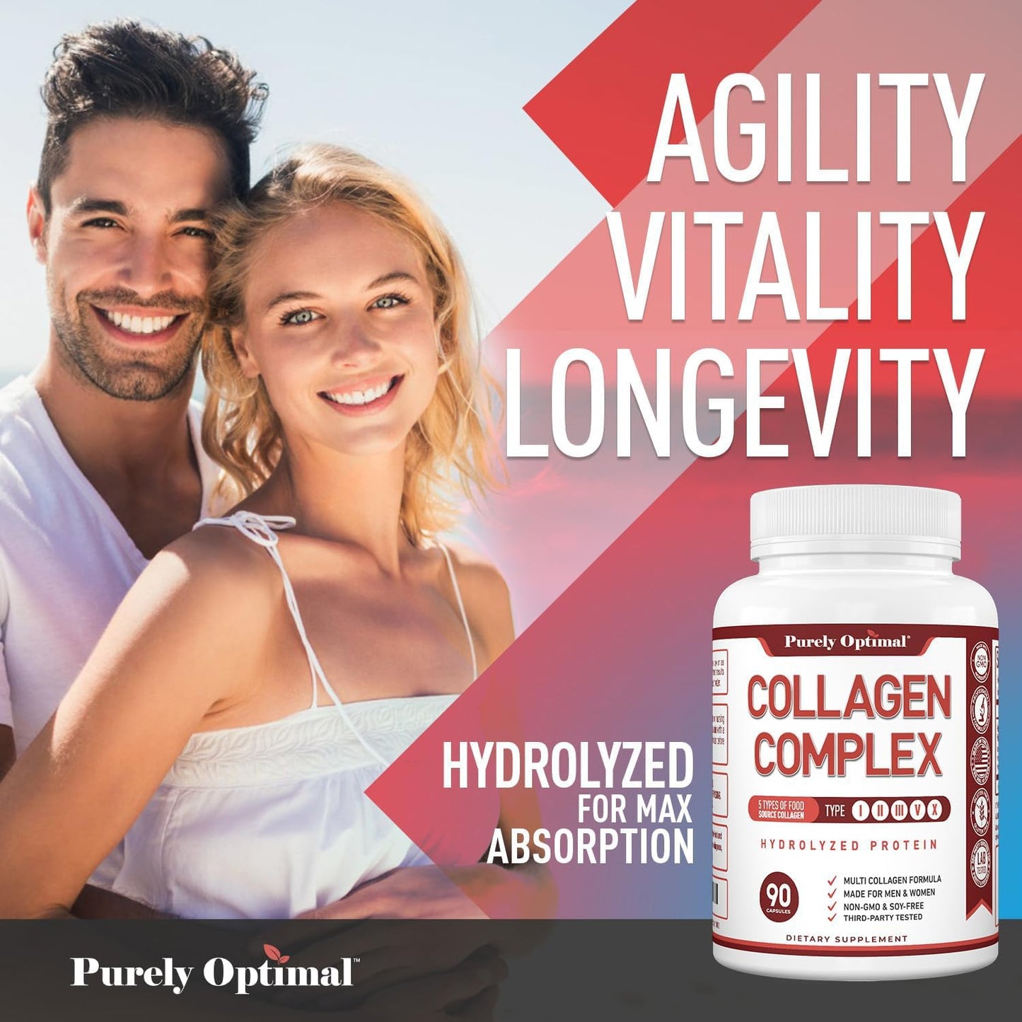 Purely Optimal Premium Multi Collagen Peptides (Types I, II, III, V, X) - 90 Capsules