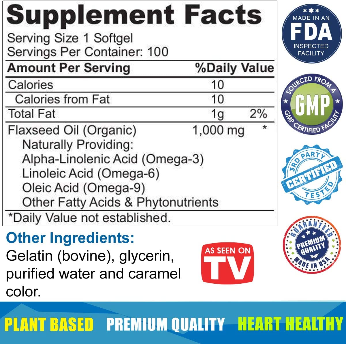 Organic Flaxseed Oil 1,000 mg Omega-3, Immune System Booster with Omega 3,6,9 from Natural ALA 100  Softgels Per Bottle