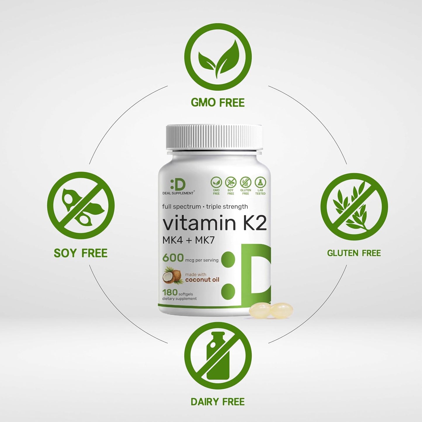 Vitamin K2 Supplement  180 Virgin Coconut Oil Softgels