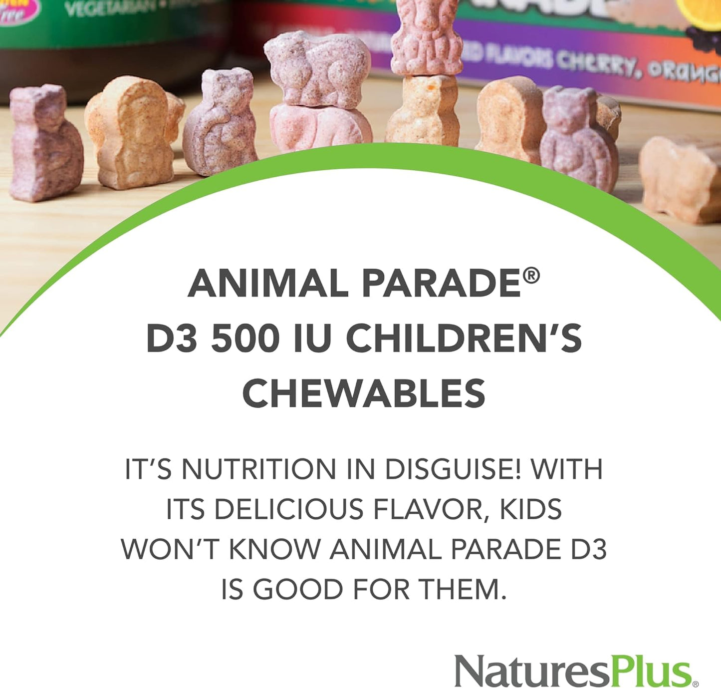 NaturesPlus Animal Parade Vitamin D3 Children’s Chewables - Black Cherry Flavor - 90 Animal-Shaped Tablets