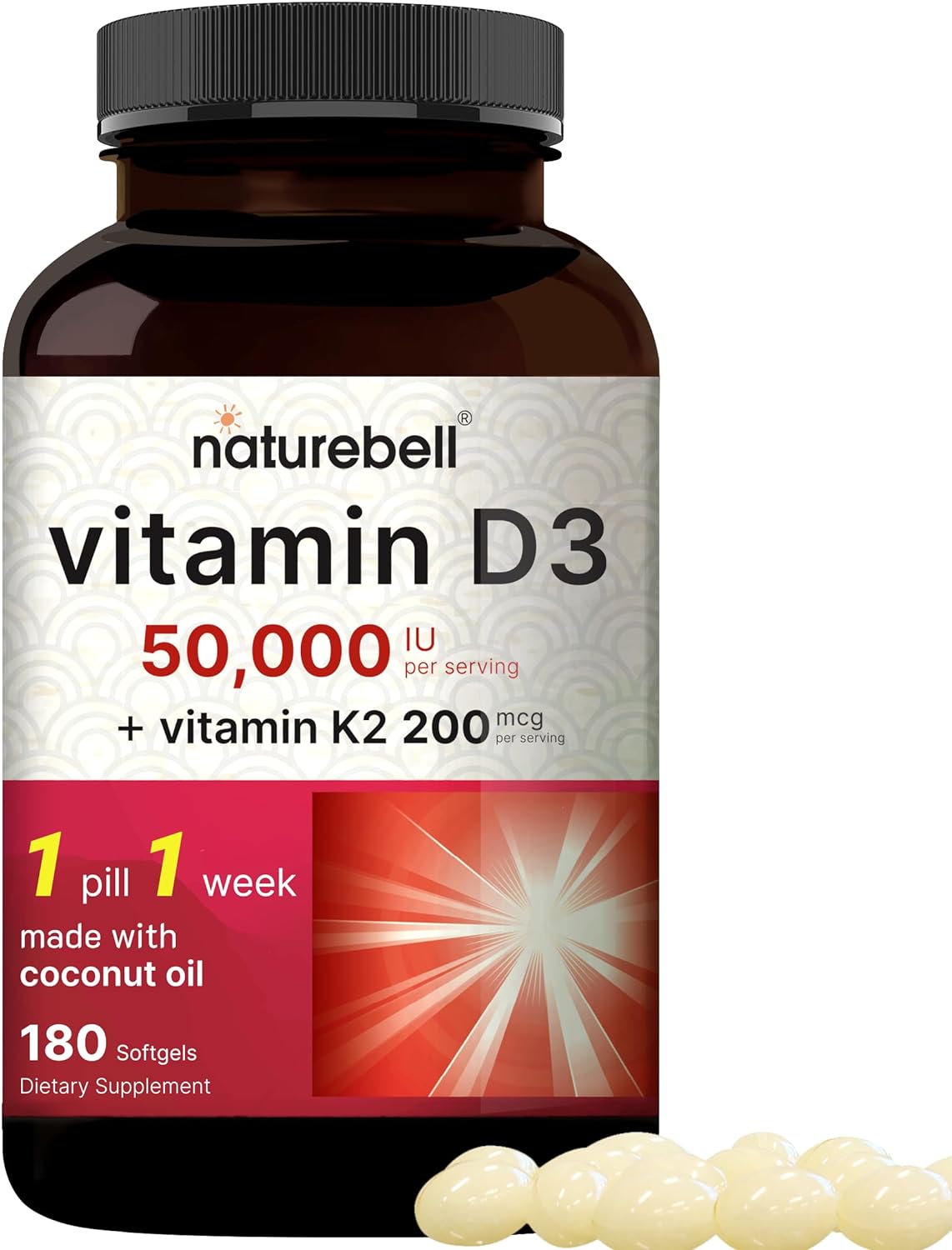 NatureBell Vitamin D3 50,000 iu with K2 200 mcg, 180 Coconut Oil Softgels