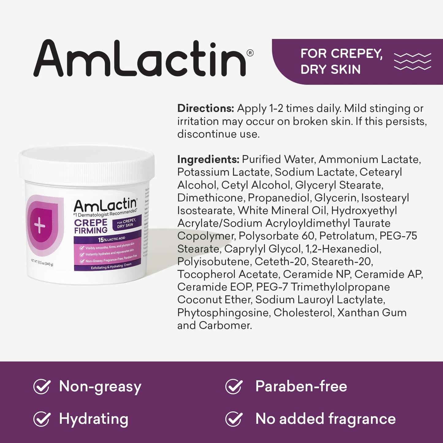 AmLactin Crepe Firming Cream - 12 oz Body Cream with 15% Lactic Acid