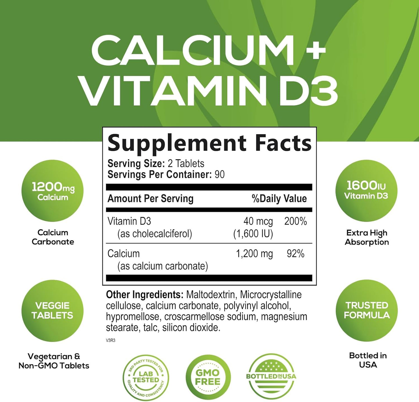 Calcium 1200 mg Plus Vitamin D3, Bone Health & Immune Support - 180 Tablets