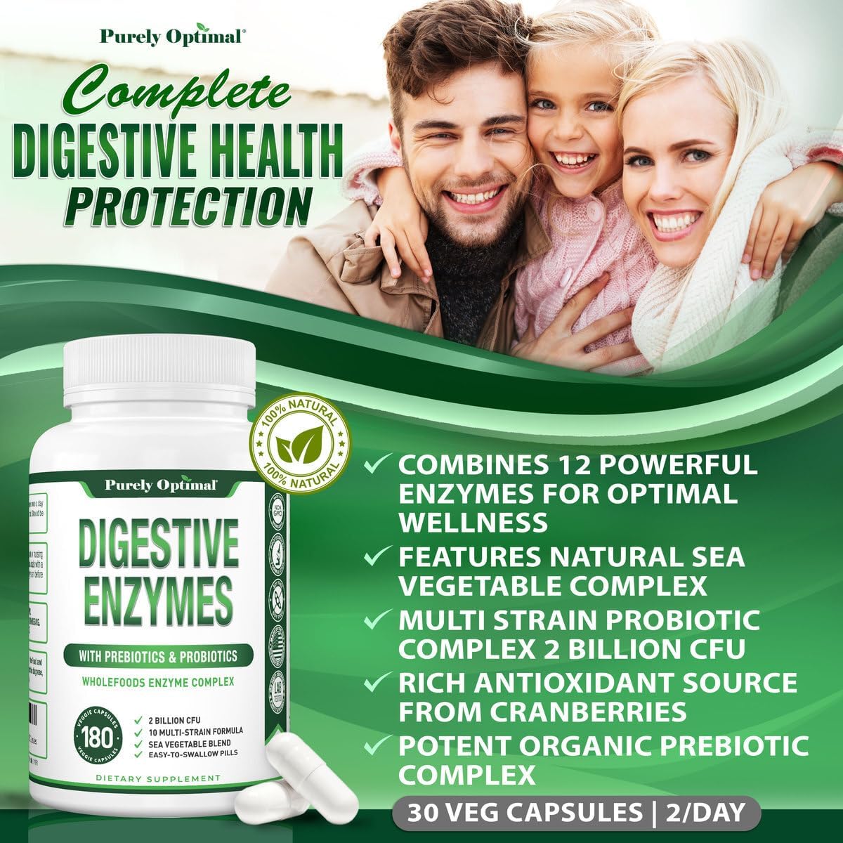 urely Optimal Premium Digestive Enzymes Plus Prebiotics & Probiotics- 180 Capsules