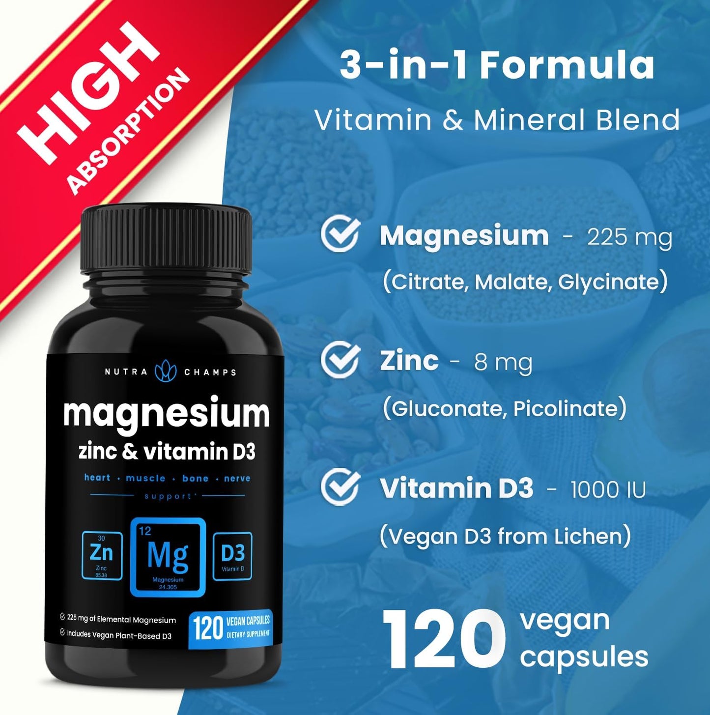 NutraChamps Magnesium Zinc & Vitamin D3 Supplement - 120 count