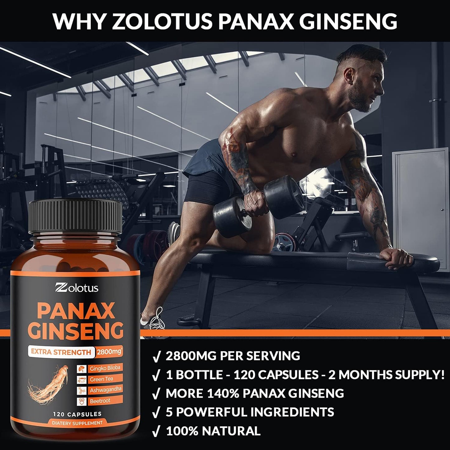 Zolotus Korean Red Panax Ginseng + Ginkgo Biloba - 120 Capsules