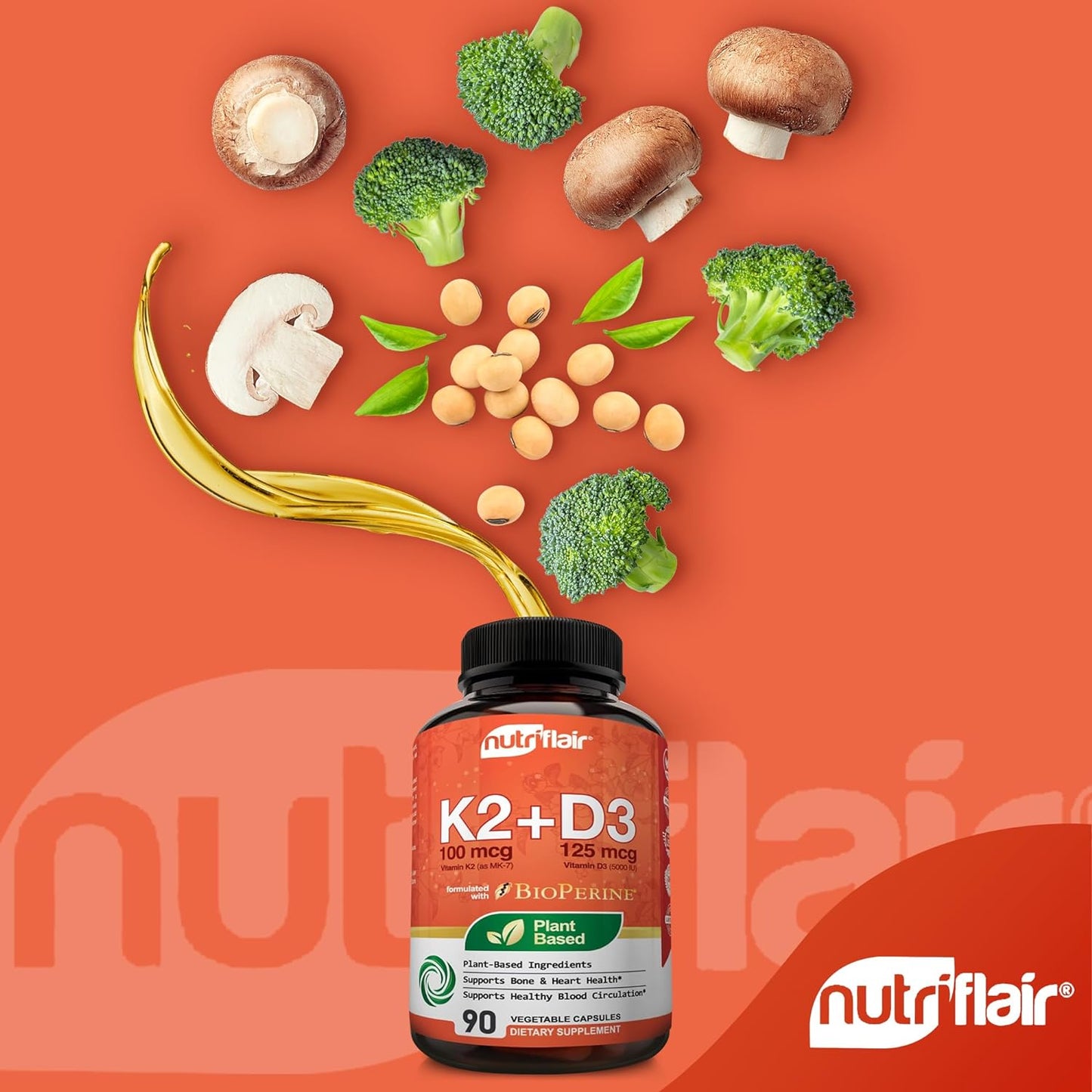 NutriFlair Vitamins D3 (5000iu/125mcg) + K2 (as Mk7)  90 Capsules