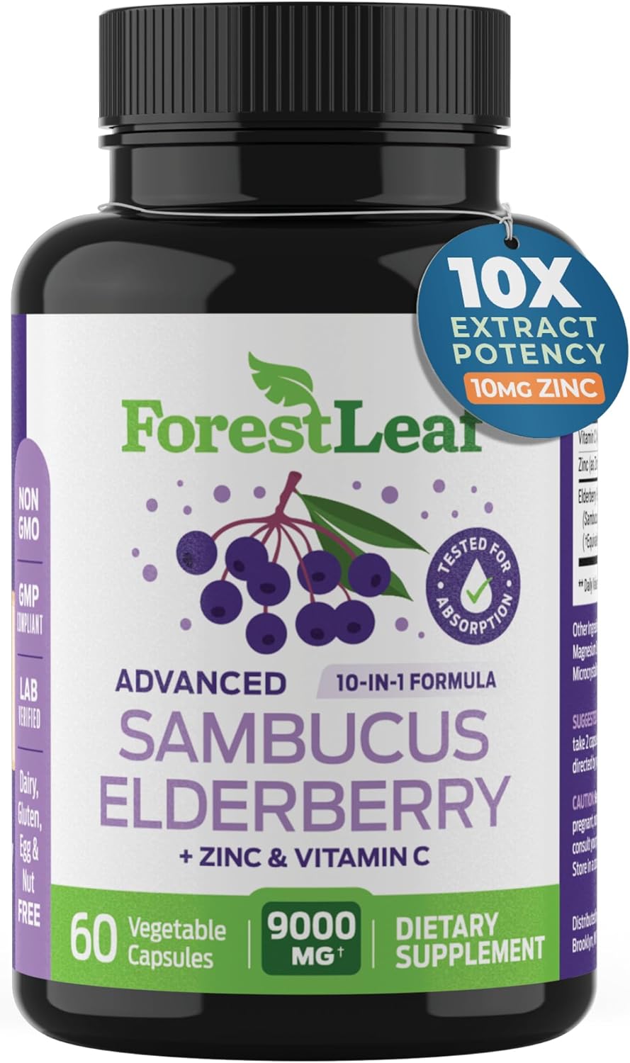 ForestLeaf Sambucus Elderberry with Vitamin C and Zinc - 60 Capsules