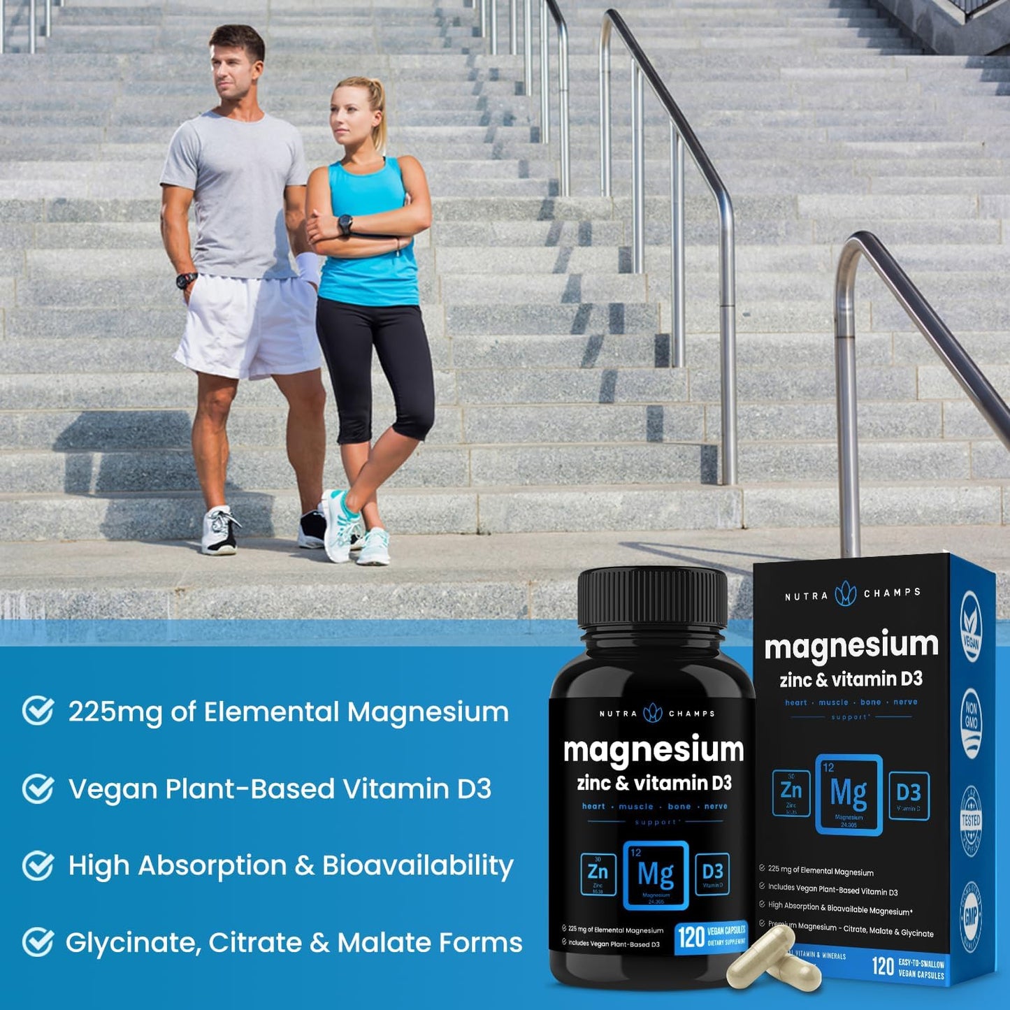 NutraChamps Magnesium Zinc & Vitamin D3 Supplement - 120 count