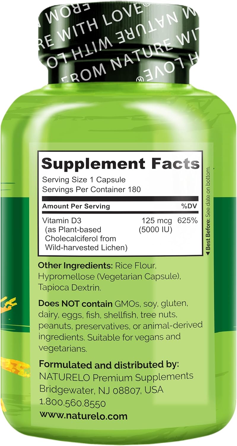 NATURELO Vitamin D - 5000 IU - Plant Based from Lichen - 180 count