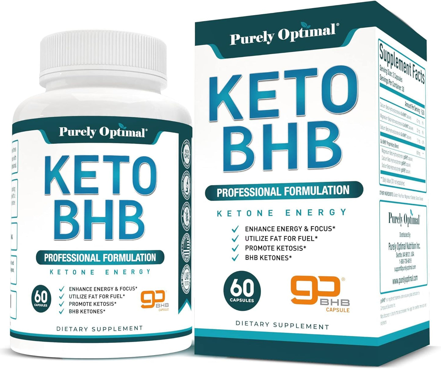 Purely Optimal Keto BHB Exogenous Ketones Supplement -  - for Women and Men, Gluten-Free, 60 Capsules