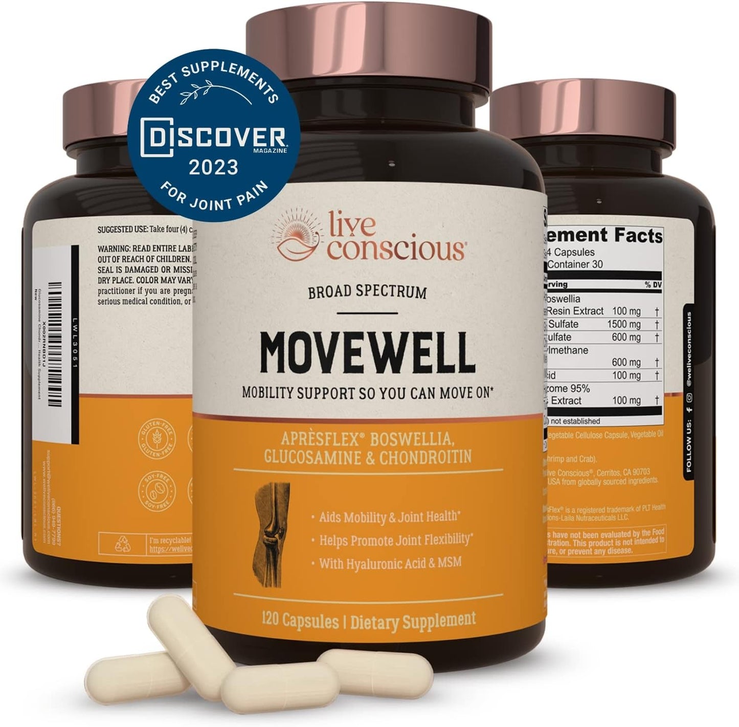 Live Conscious Glucosamine Chondroitin with MSM, Hyaluronic Acid, and More - MoveWell Joint Health Supplement-120 capsules