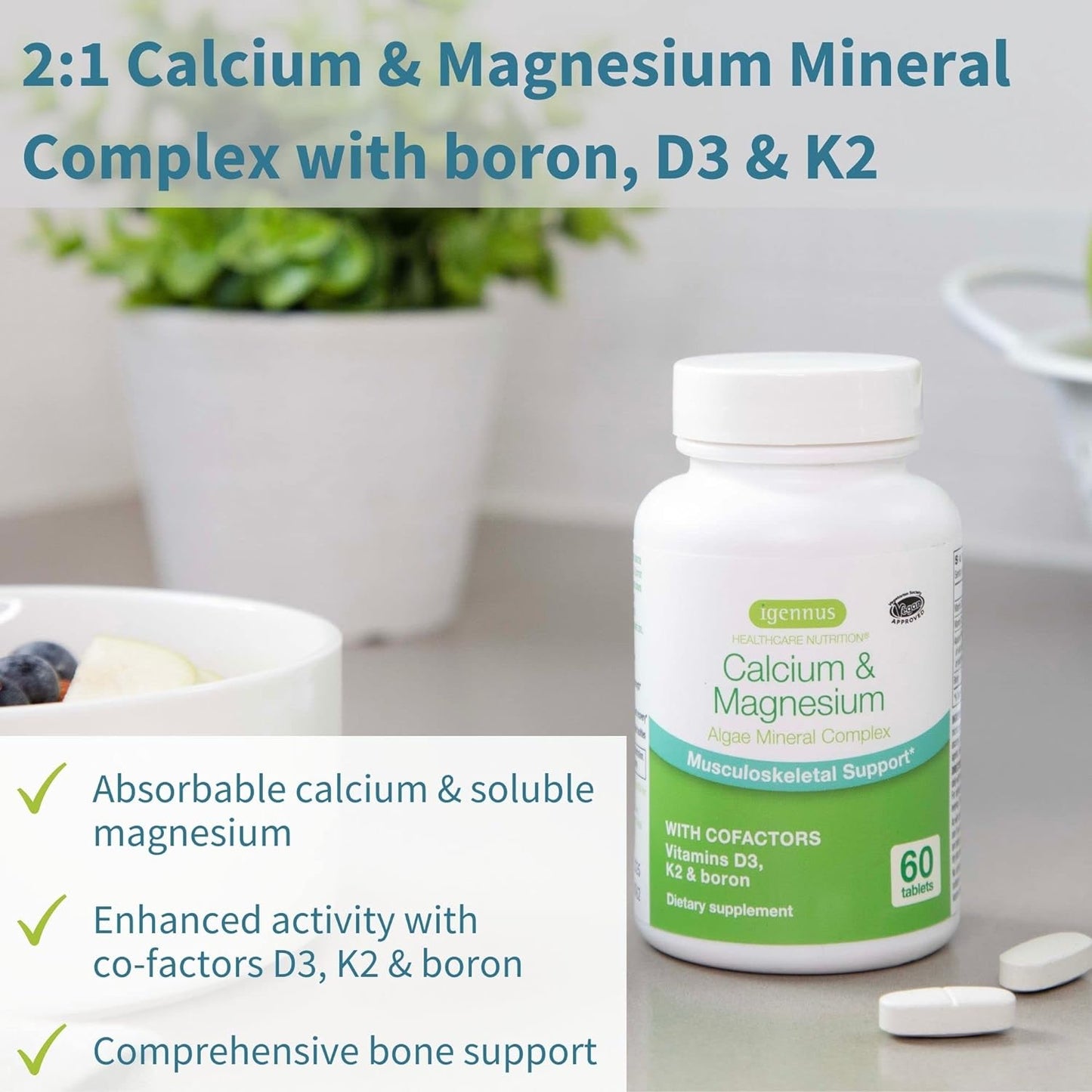 High Absorption Algae Calcium & Magnesium , Plant Based, K2 & D3 60 Tablets