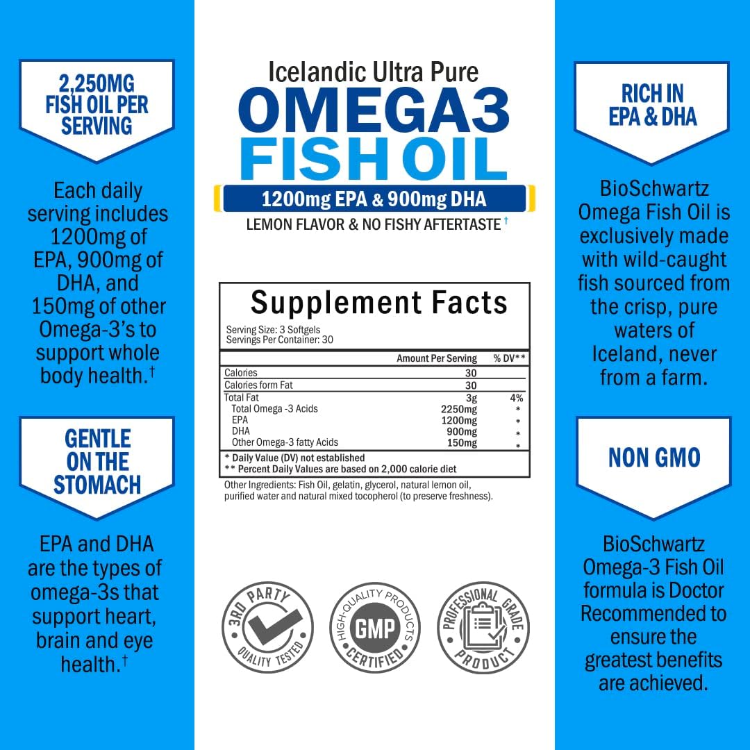 Omega 3 Fish Oil Supplement - 1200mg EPA and 900mg DHA Fatty Acid Per Serving from Wild Caught Fish