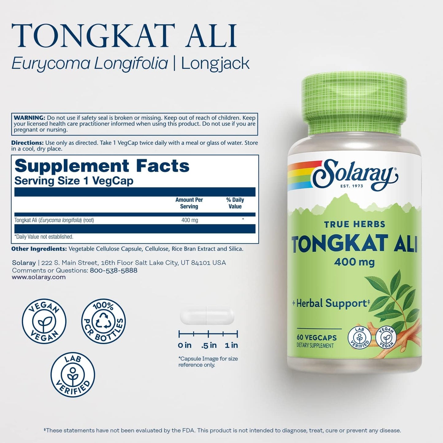 SOLARAY Tongkat Ali 400 mg, Longjack  60 Capsules