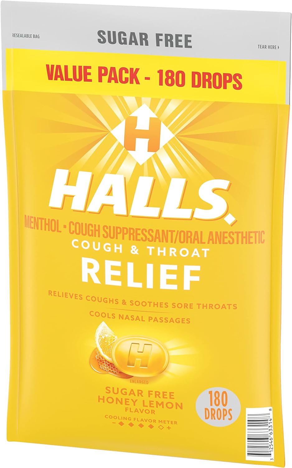 HALLS Relief Honey Lemon Sugar Free Cough 180 Drops