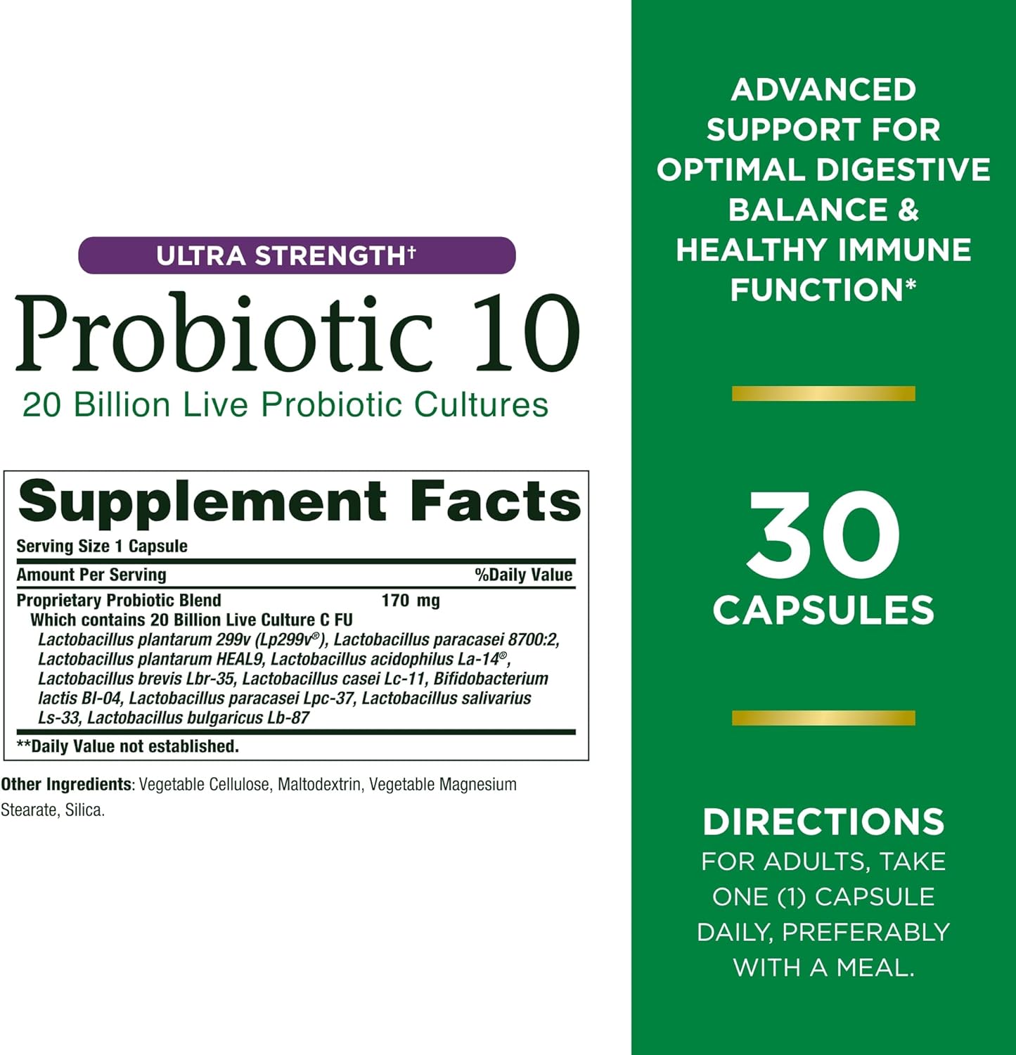 Nature’s Bounty Probiotic 10, Ultra Strength Daily Probiotic Supplement, 1pack 30 capsules