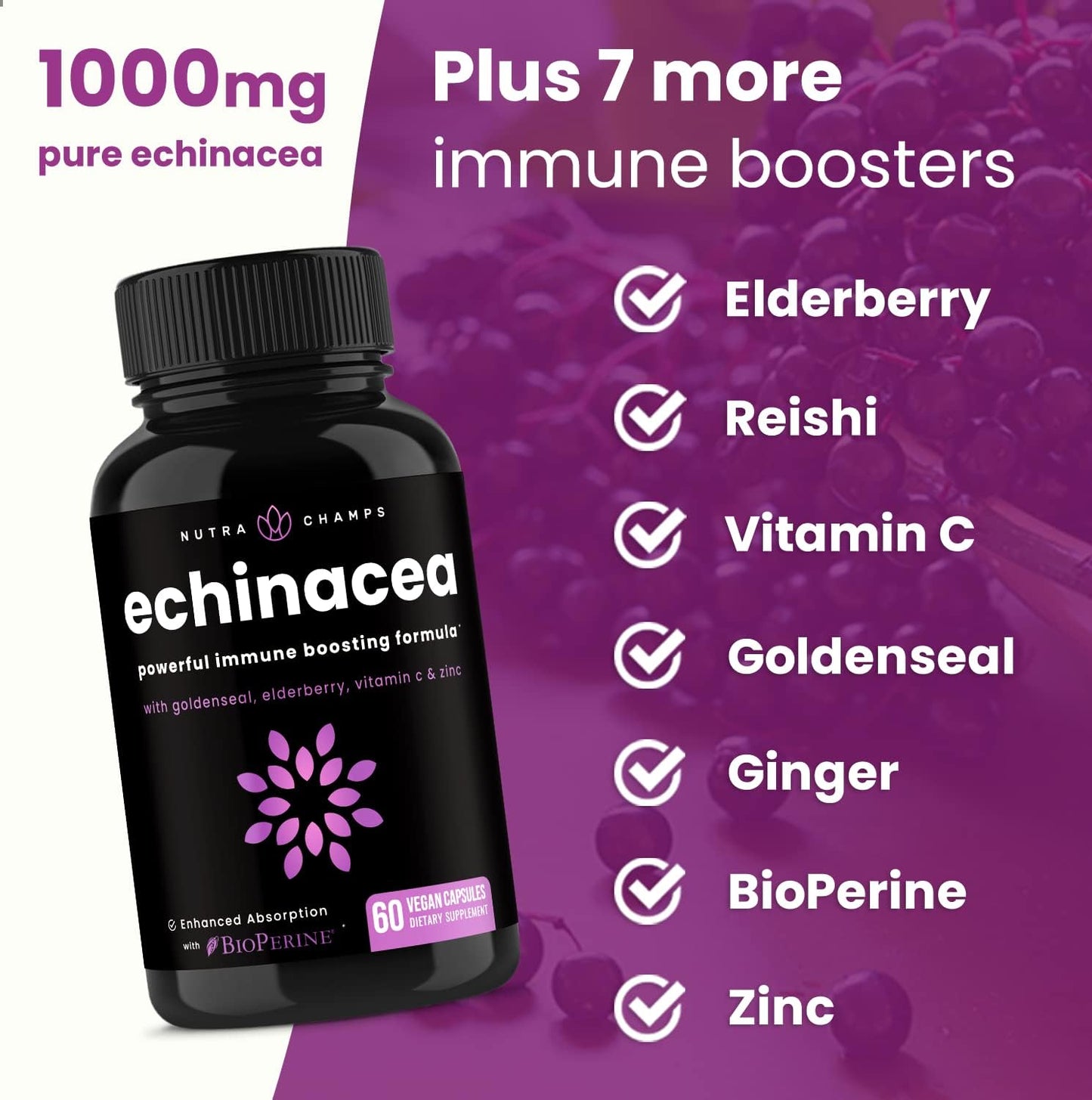 Echinacea Goldenseal 1000mg with Elderberry, Vitamin C, Zinc & Ginger 60 count