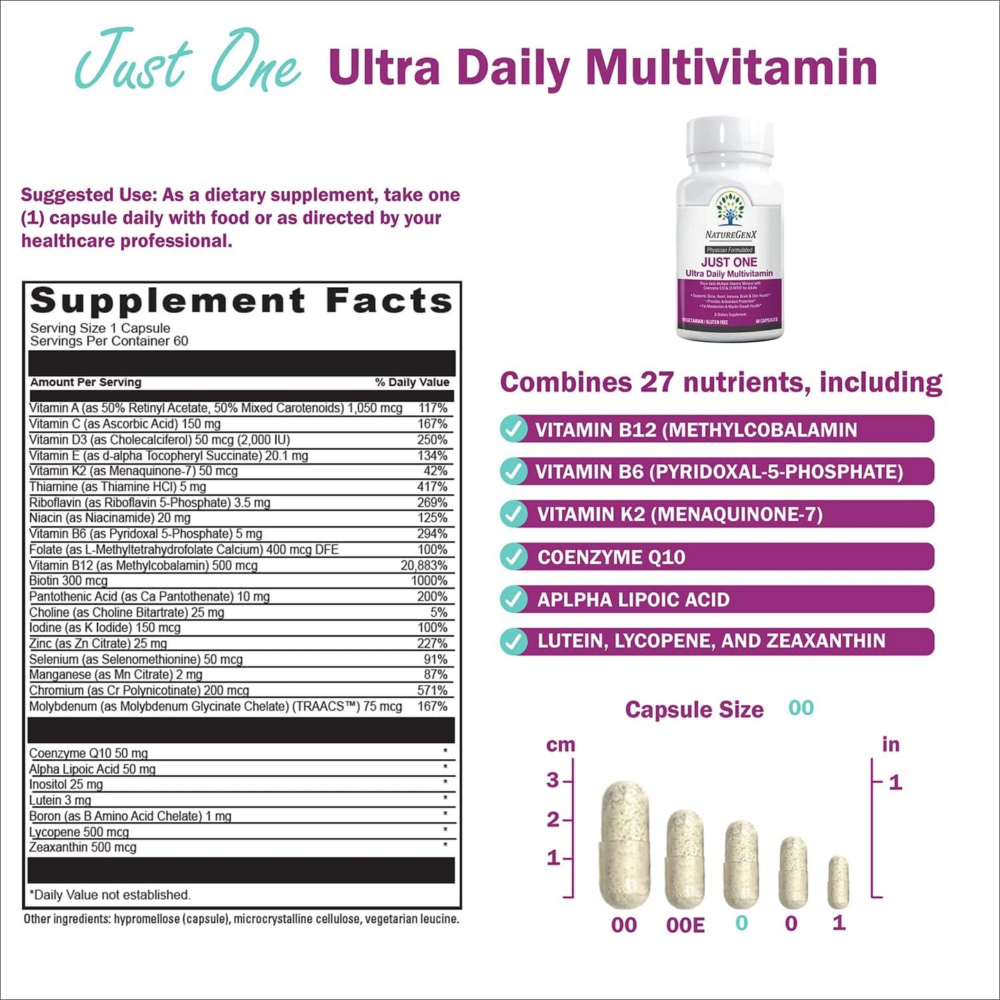 Just One Daily Methylated Multivitamin - 60 Caps Pure Methyl B12