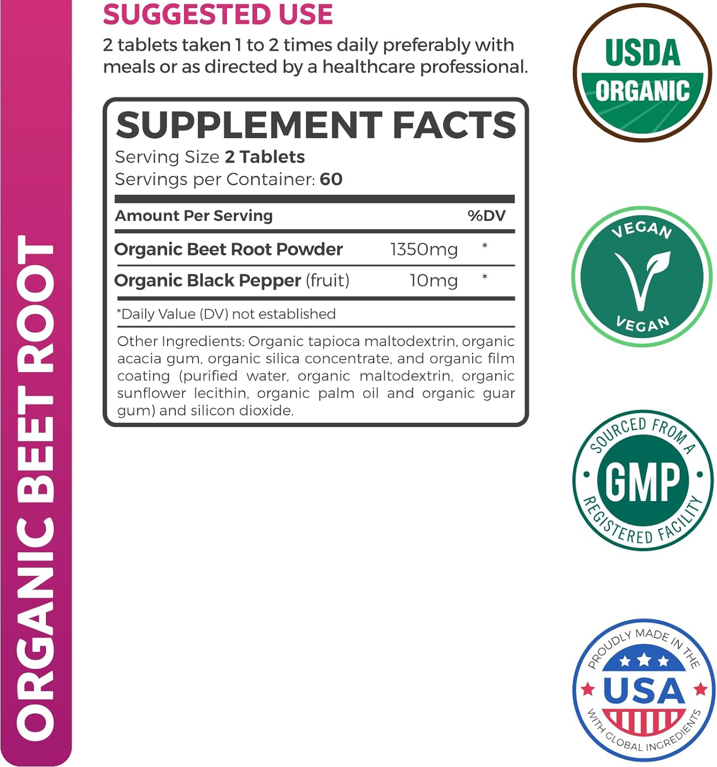 USDA Organic Beet Root Powder (120 Tablets) 1350mg Beets Per Serving with Black Pepper for Extra Absorption