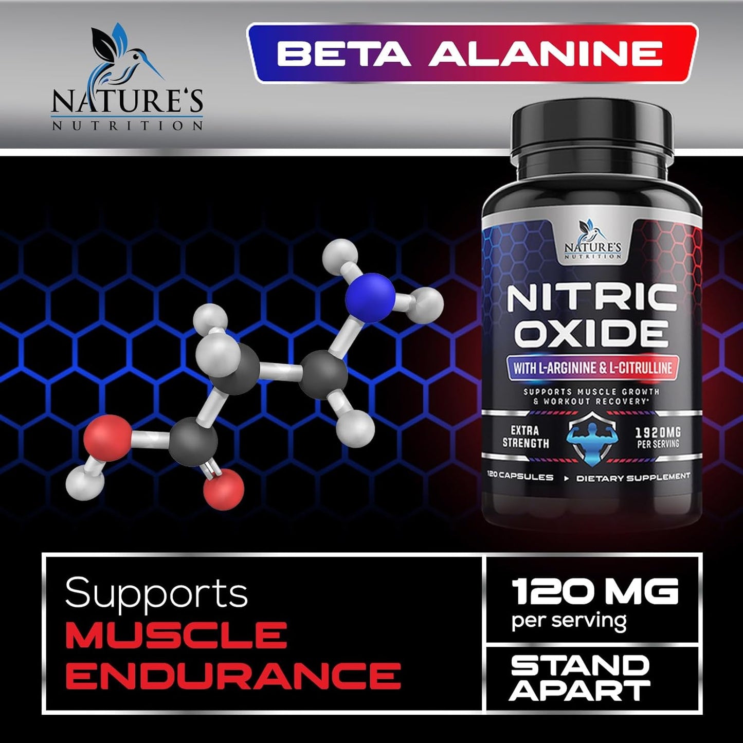 Extra Strength Nitric Oxide Supplement L Arginine 3X Strength  - 120 Capsules