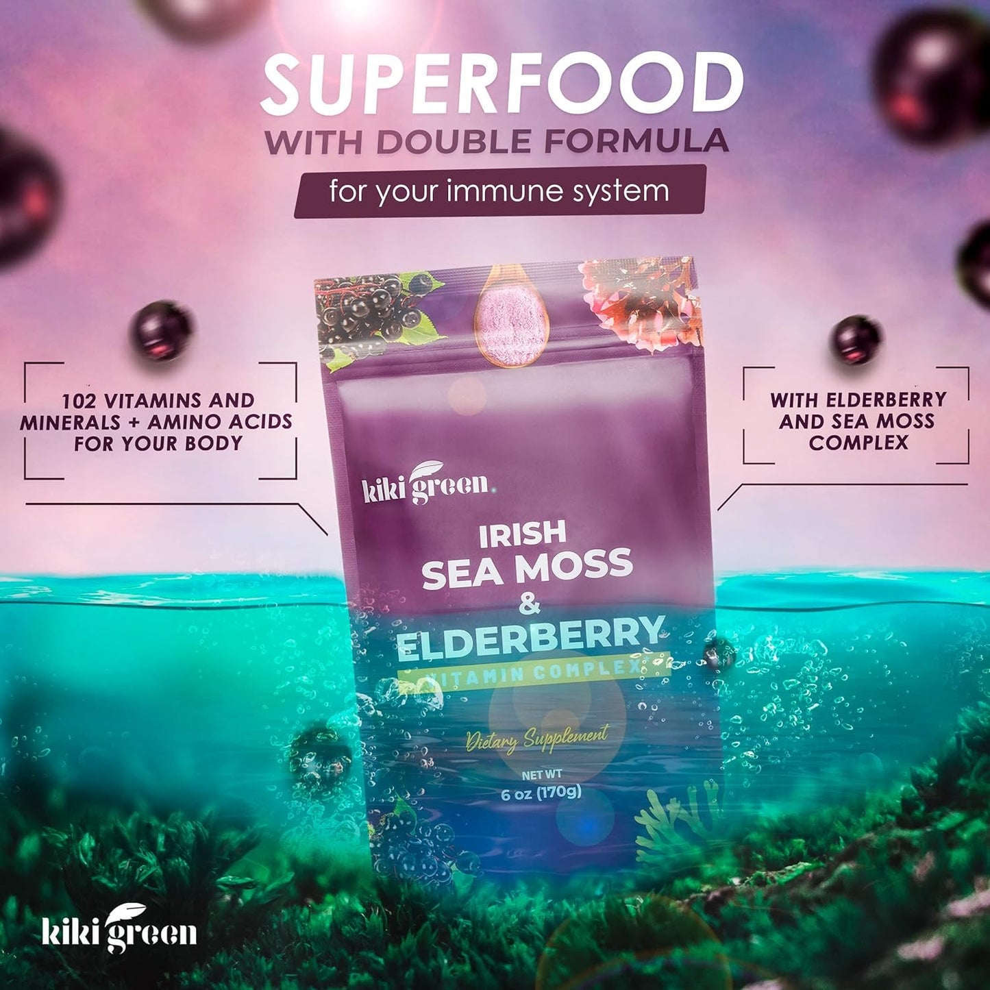 KIKI Green Sea Moss Powder with Elderberry Immune Boost