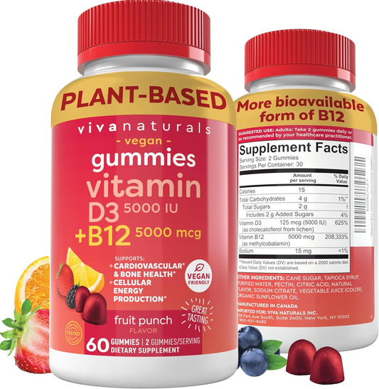 Viva Naturals Plant Based Vitamin B12 Gummies for Adults 5000mcg with Vitamin D3 5000 IU (60 Count)