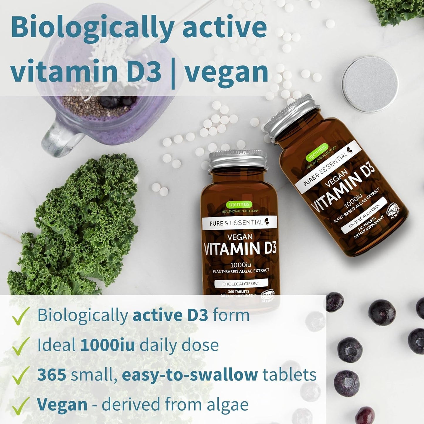 High Absorption Vegan Vitamin D3 1000IU, 365 Tablets