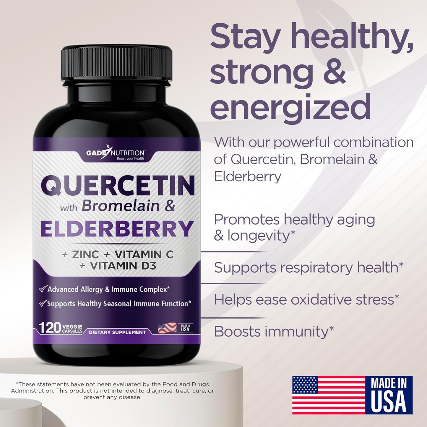 Quercetin with Vitamin C and Zinc - Elderberry - Quercetin 500mg -120 capsules