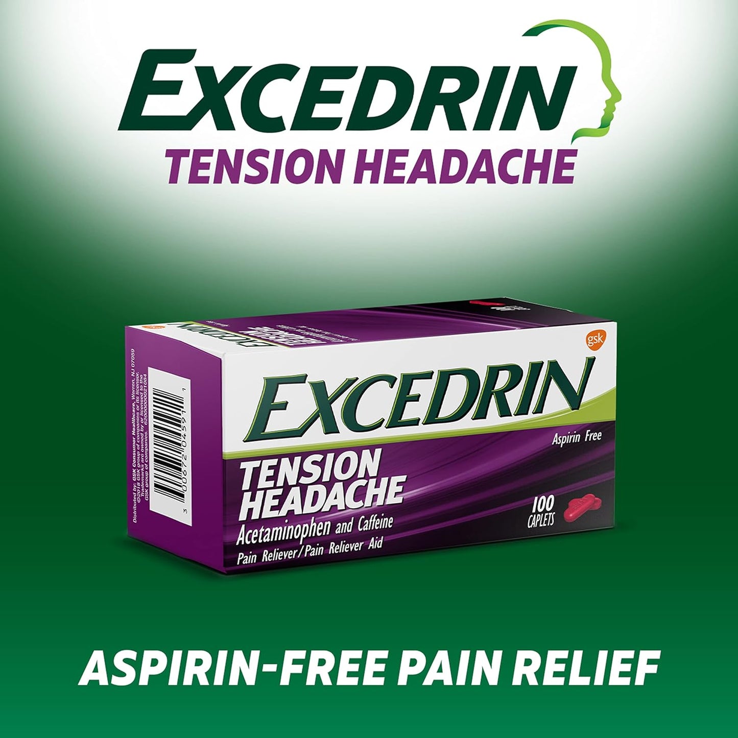 Excedrin Tension Headache Relief Caplets Without Aspirin for Head 100 Count