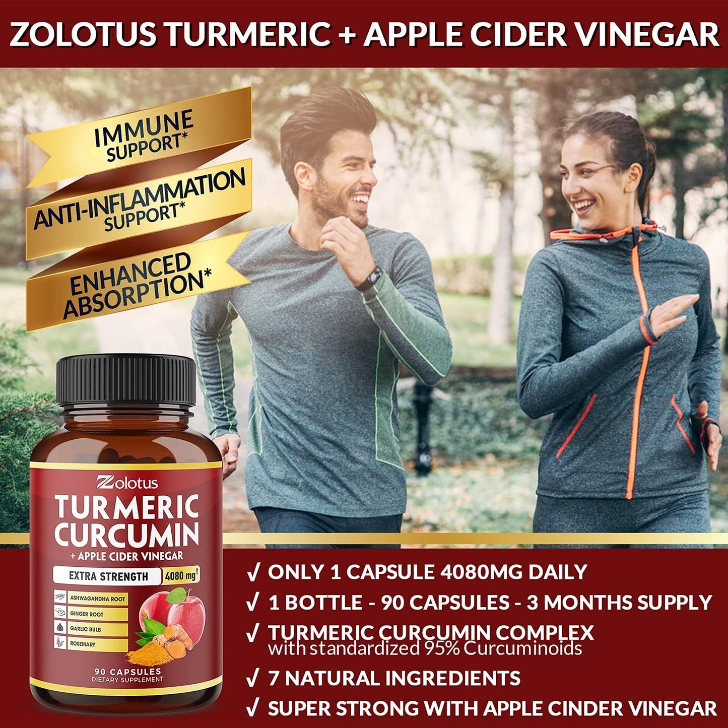 7 in 1 Turmeric Curcumin + Apple Cider Vinegar, Equivalent to 4080mg - 90 Capsules