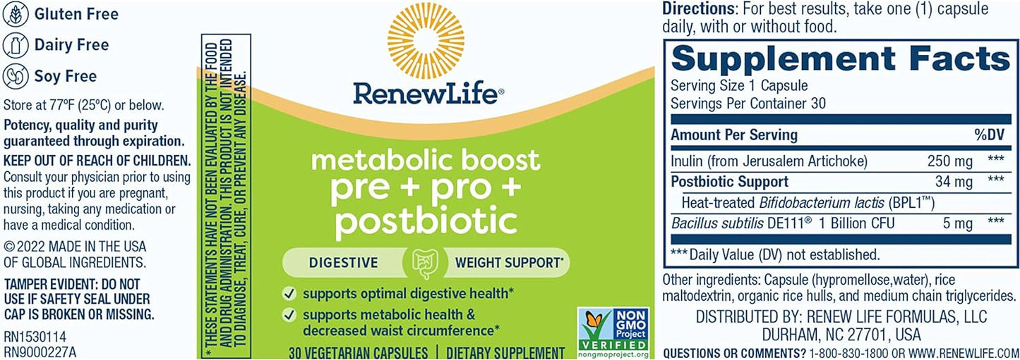 Renew Life Metabolic Boost Pre + Pro + Postbiotic, 30 capsules Brand