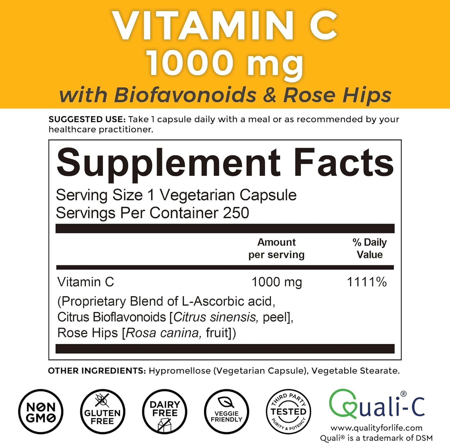 Viva Naturals Vitamin C 1000mg - Non-GMO Vitamin C Supplements 250 cpsules