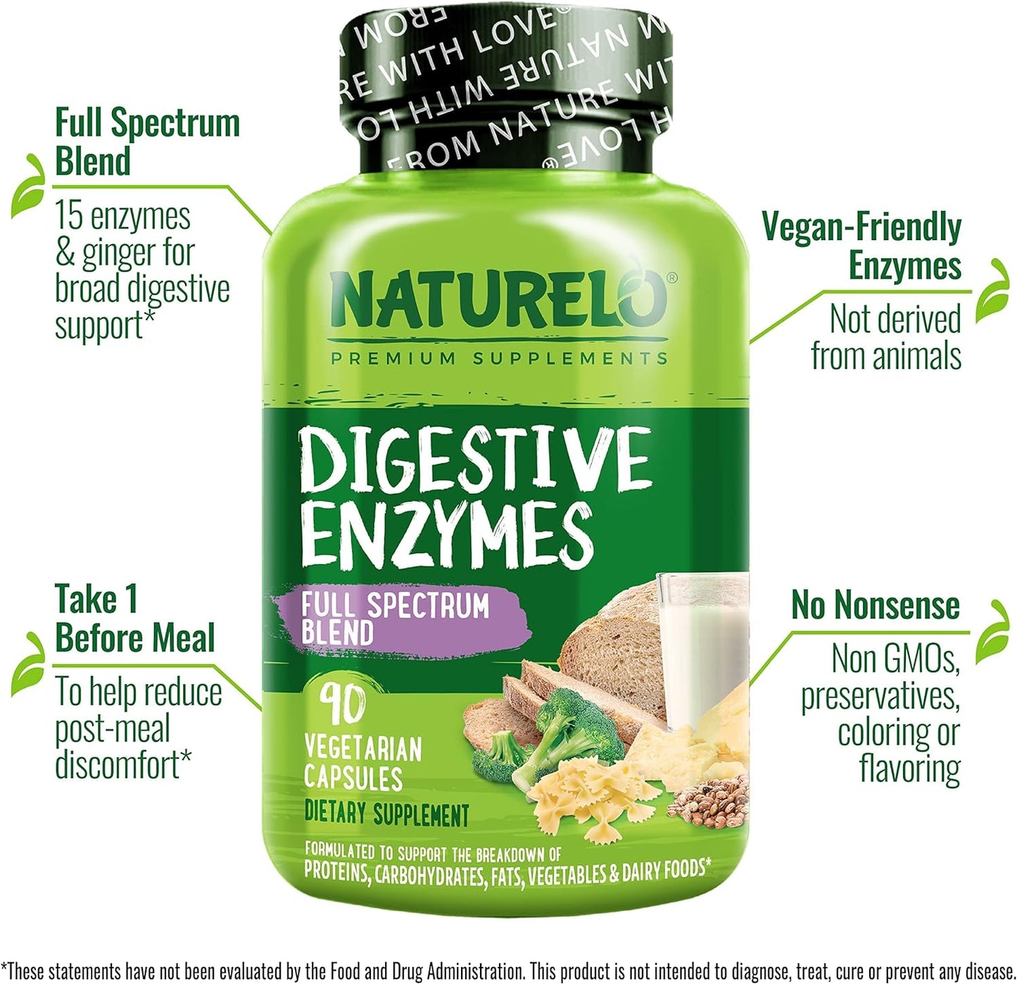 NATURELO Digestive Enzymes - Full Spectrum Support with a Broad Blend of 15 Enzymes Plus Ginger - 90 Vegan Capsules