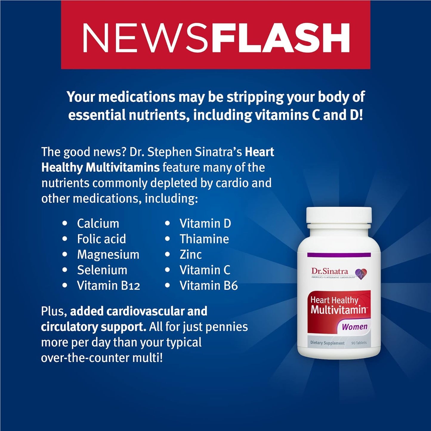 Dr. Sinatra Heart Healthy Multivitamin for Women with Vitamin D 1000 IU, A, B12, C, E, Biotin, Folate, and Zinc, 90 Tablets