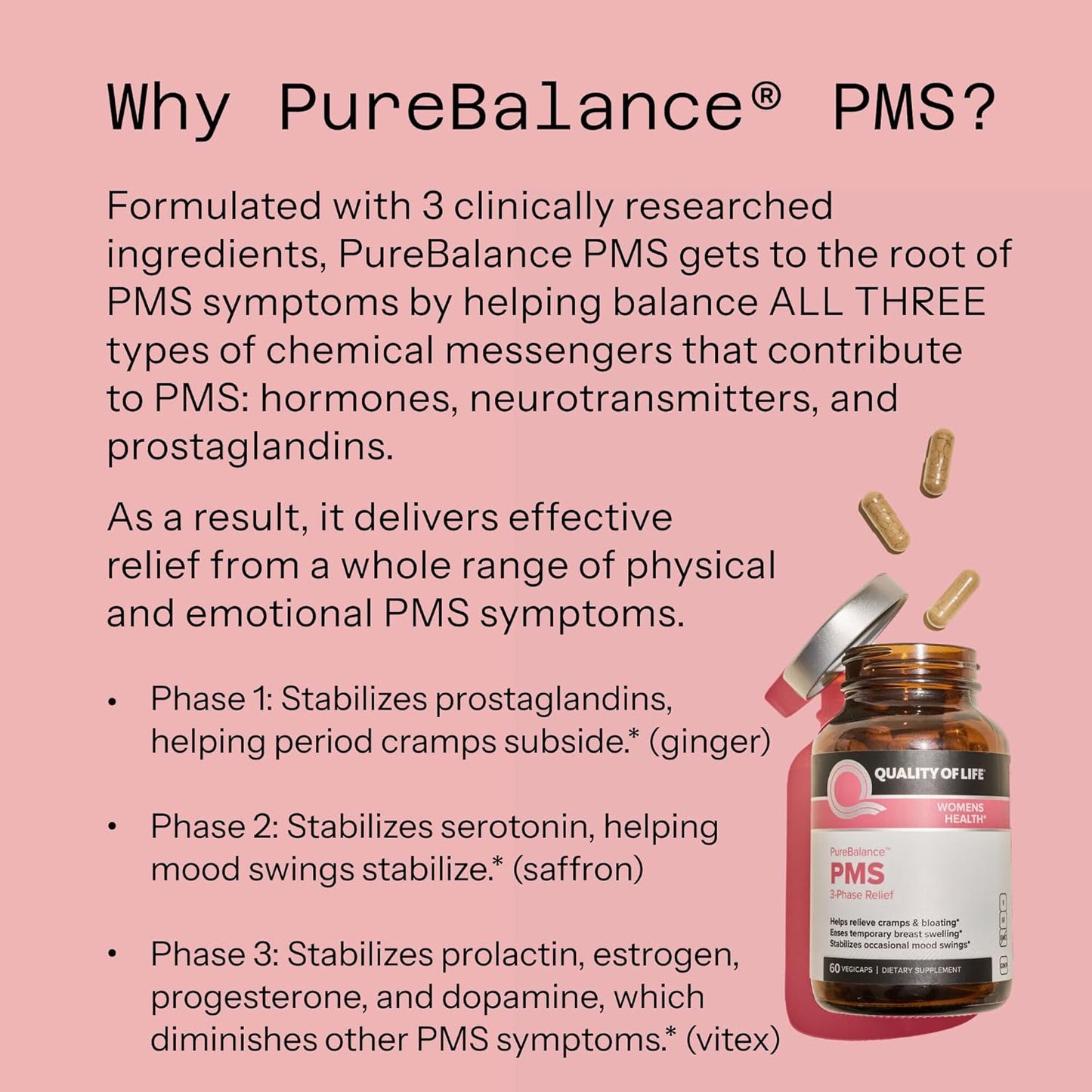 Quality of Life - Pure Balance PMS - 3 Phrase Relief Supplement - 60 Count