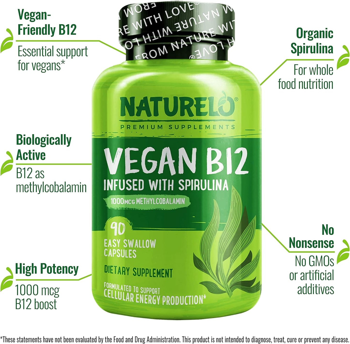 NATURELO Vegan B12 with Organic Spirulina- 90 Mini Capsules