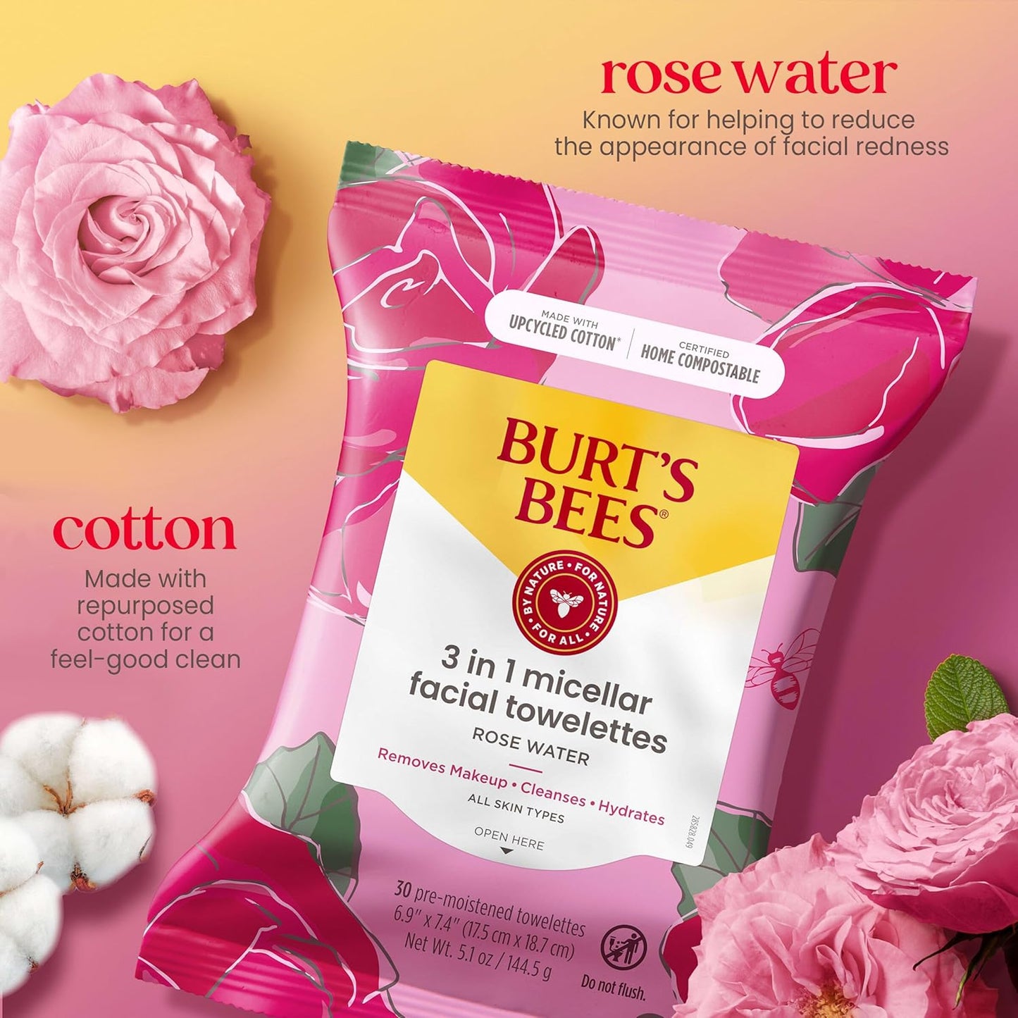 Burt's Bees Rose Water Face Wipes, 30 Ct (3-Pack)