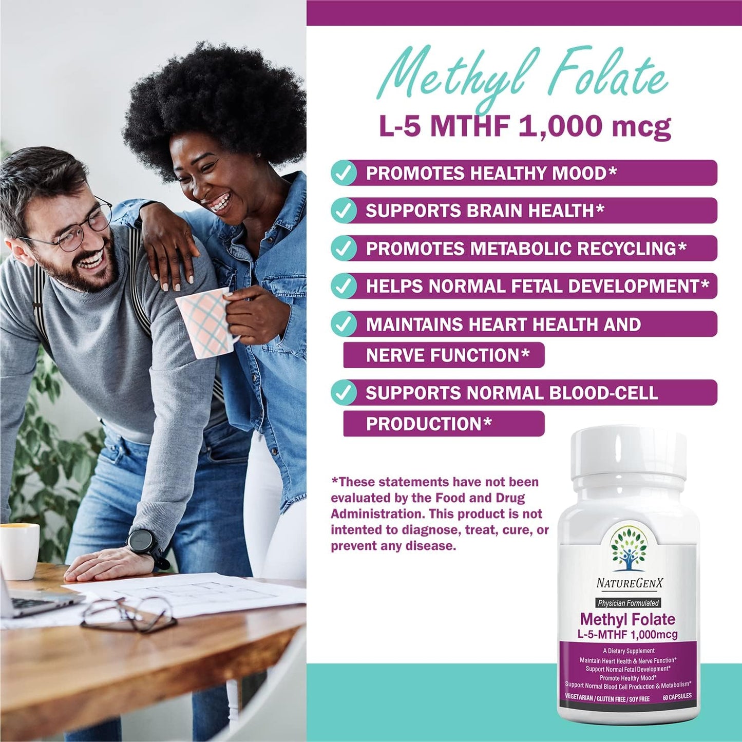 Methylfolate MTHRF Supplement - 1000 mcg Bioactive Vitamin B9 (5-MTHF) - Supports Pregnancy & Fetal Health - 60 Capsules