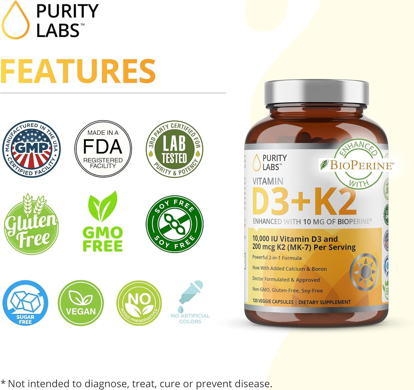 Purity Labs Vitamin D3 K2 10000 IU, (250mcg) D3 + 200mcg K2 MK7 - 120 Capsules